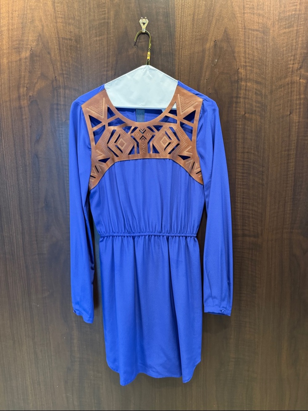 Twelfth Street by Cynthia Vincent Royal Blue Dress with Brown Laser-Cut Yoke